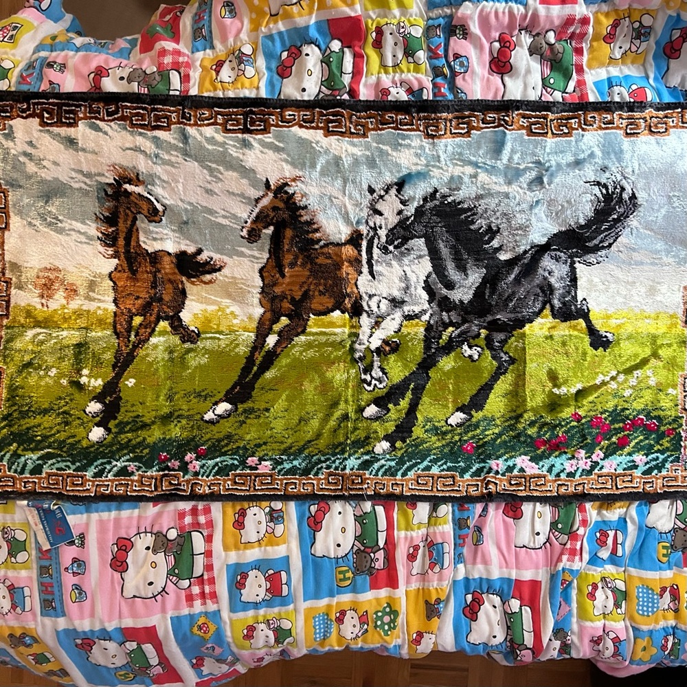 Vintage 4 horses velveteen tapestry 38” x 19-1/2”